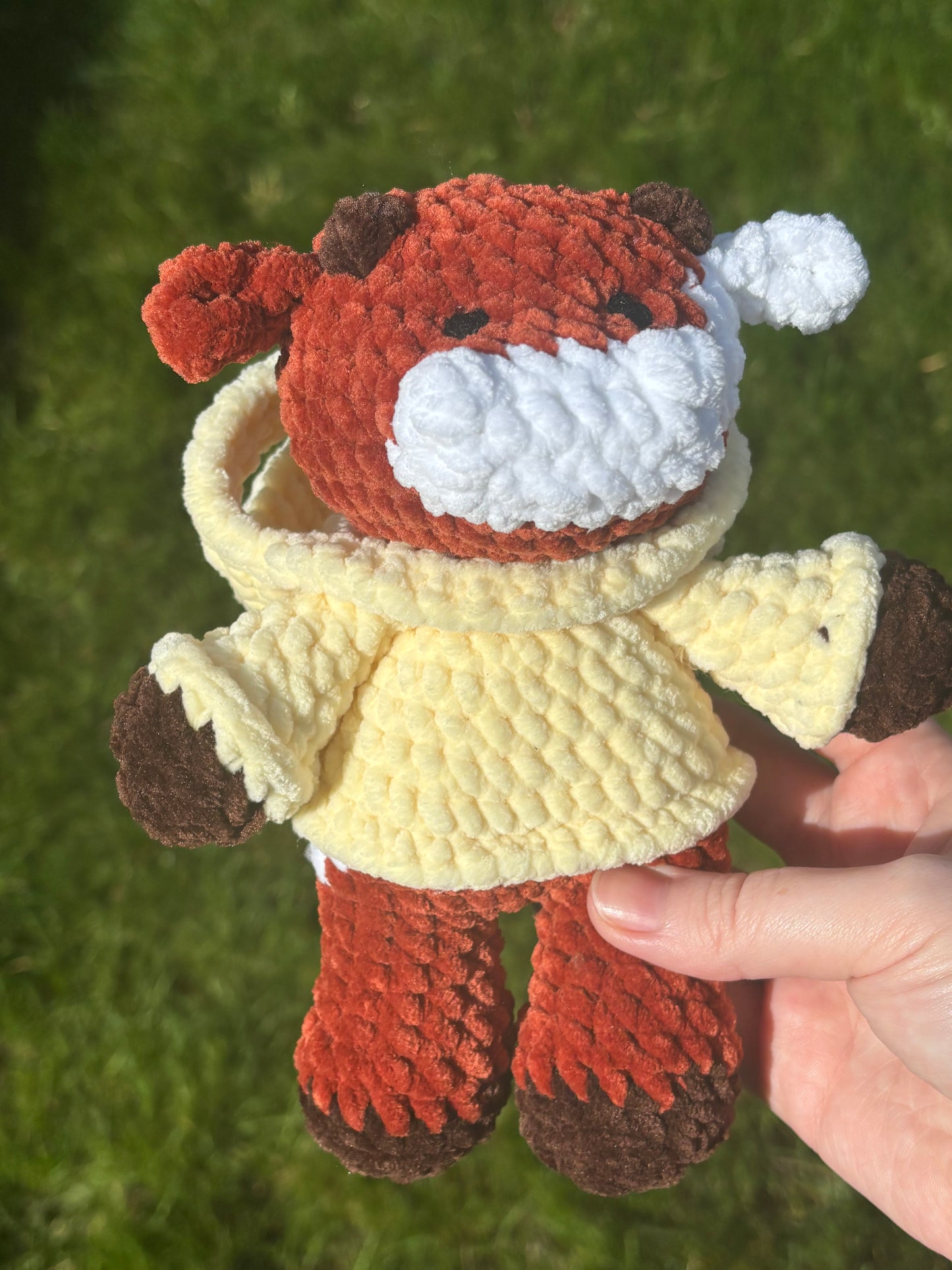 Crochet cow in a hoodie plushie