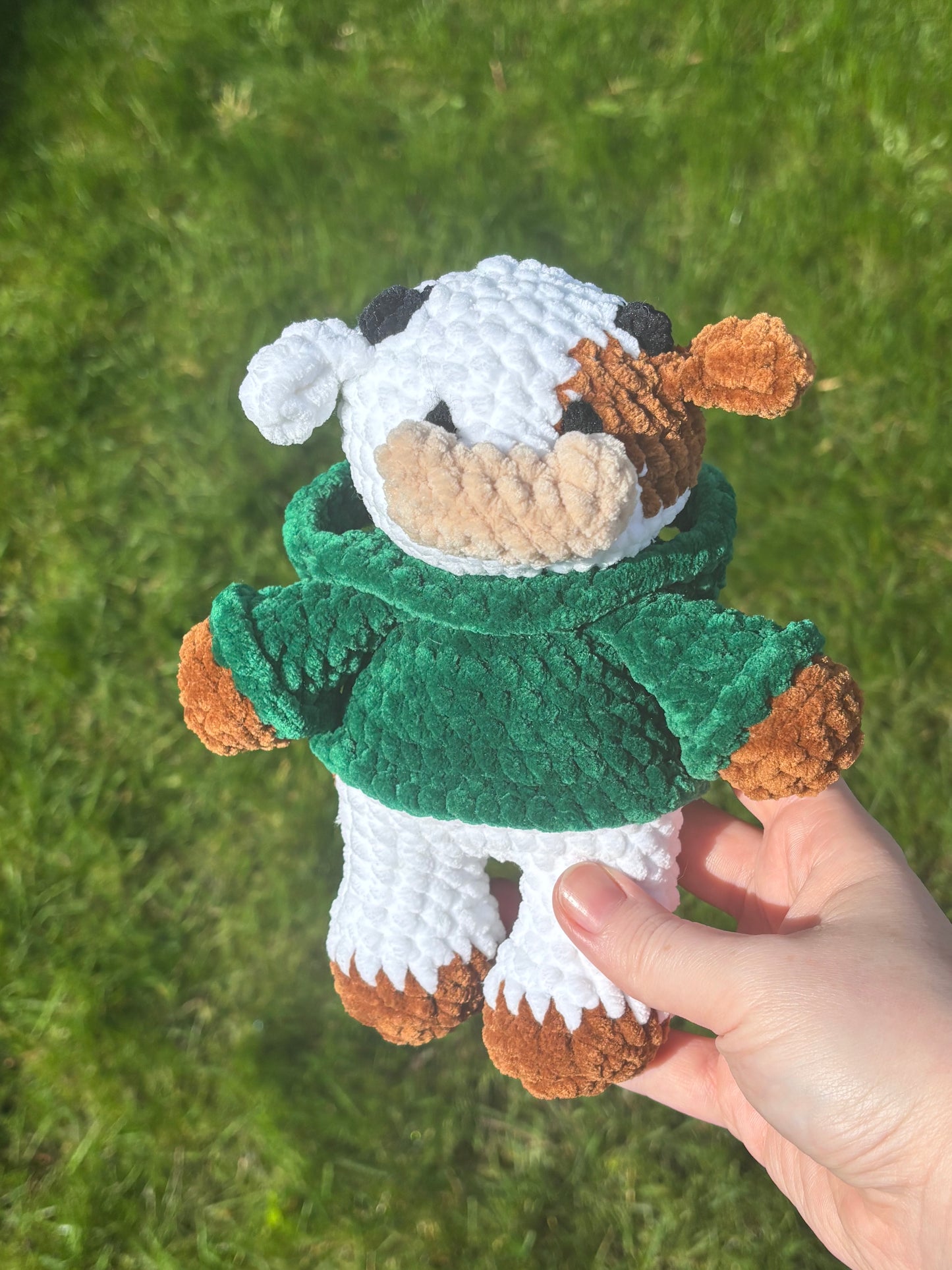 Crochet cow in a hoodie plushie