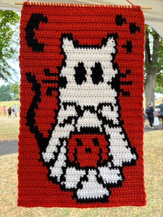 Ghost-Kitty Cat Spooky Halloween Crochet Tapestry Wall Hanging